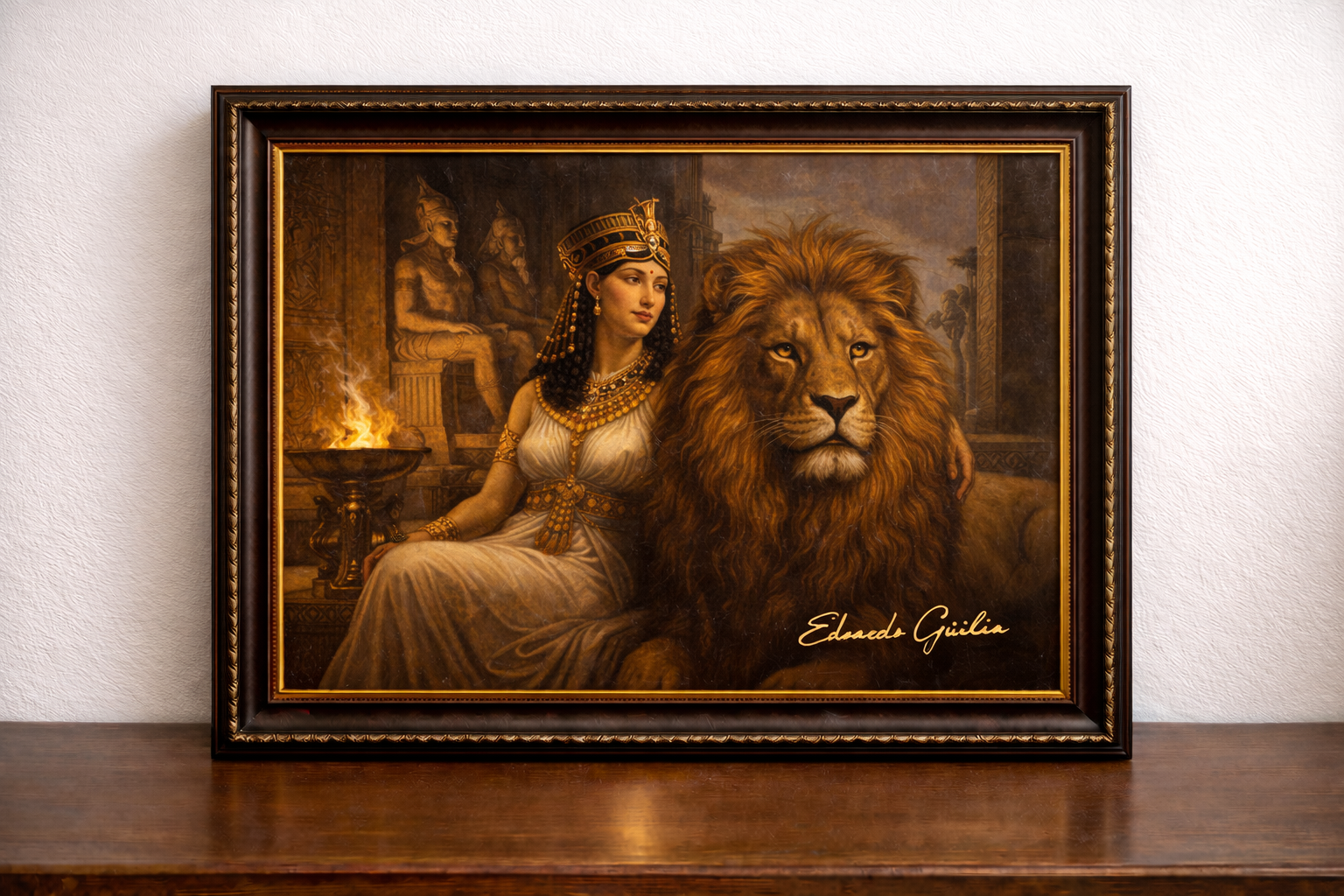 Egyptian queen with lion in temple