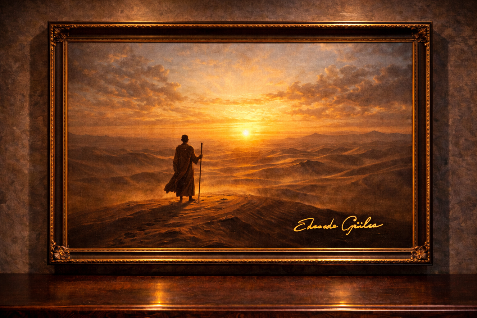 Lone figure in desert at sunrise