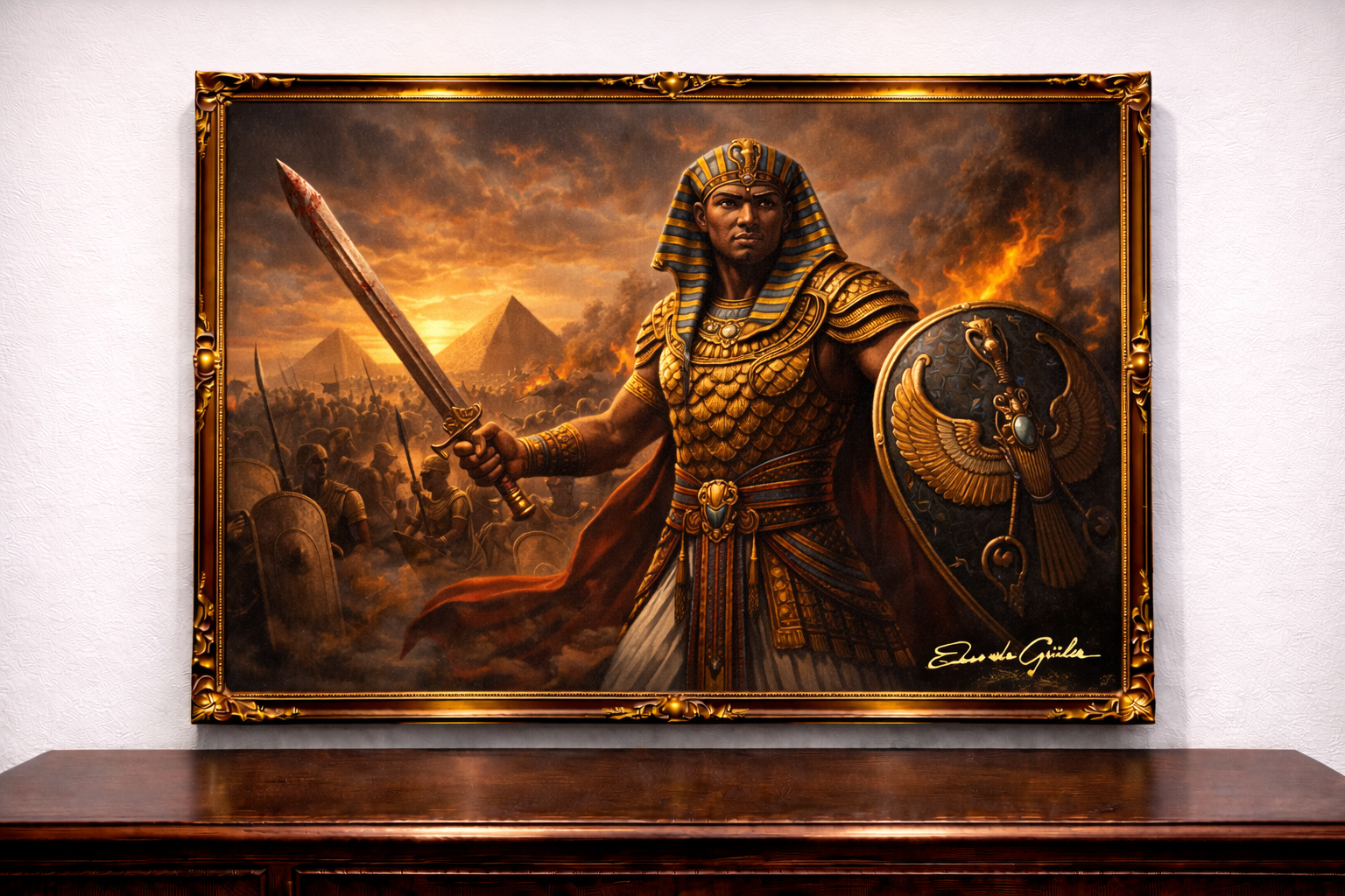 Pharaoh leading battle in golden armor