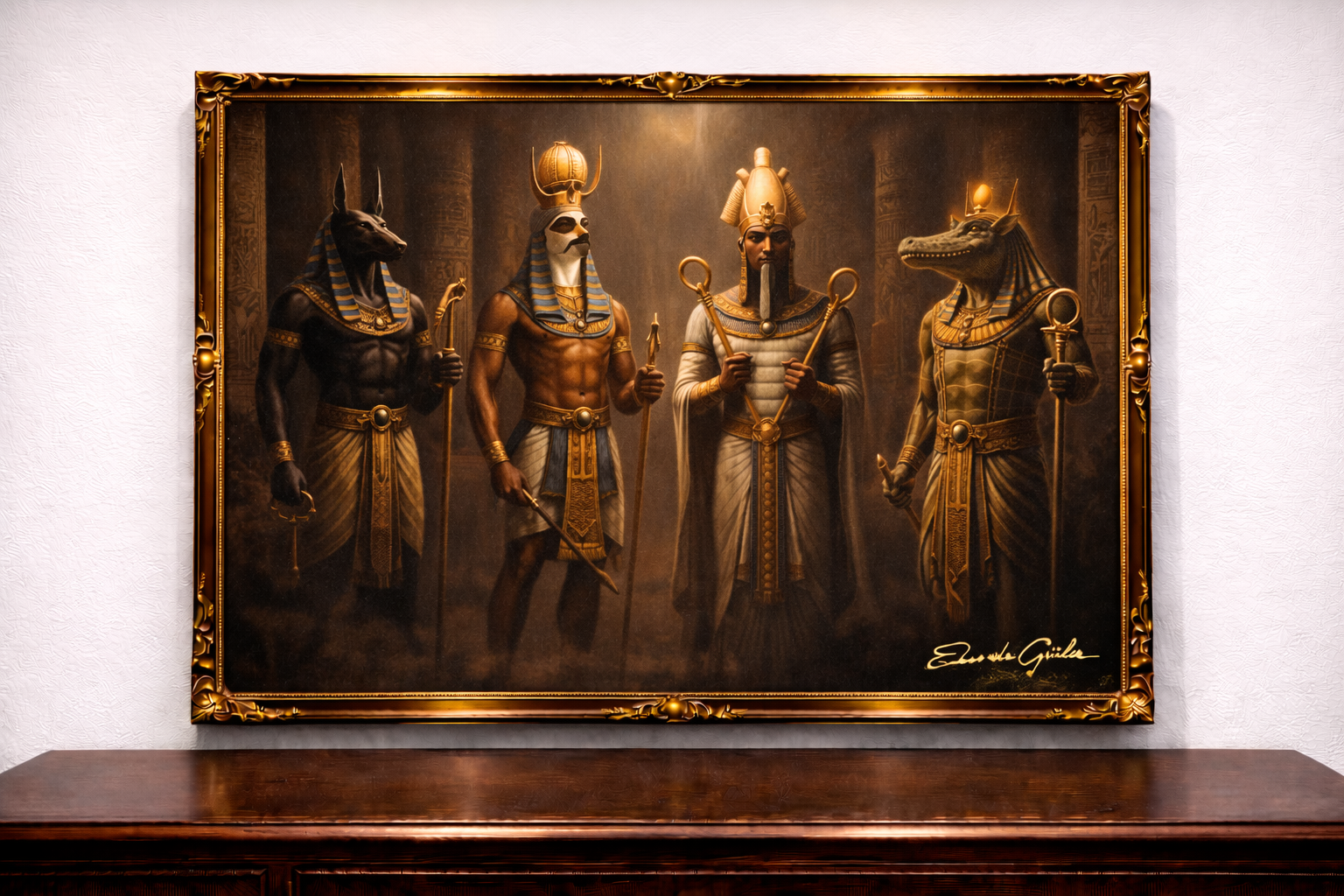 Ancient Egyptian gods in temple setting