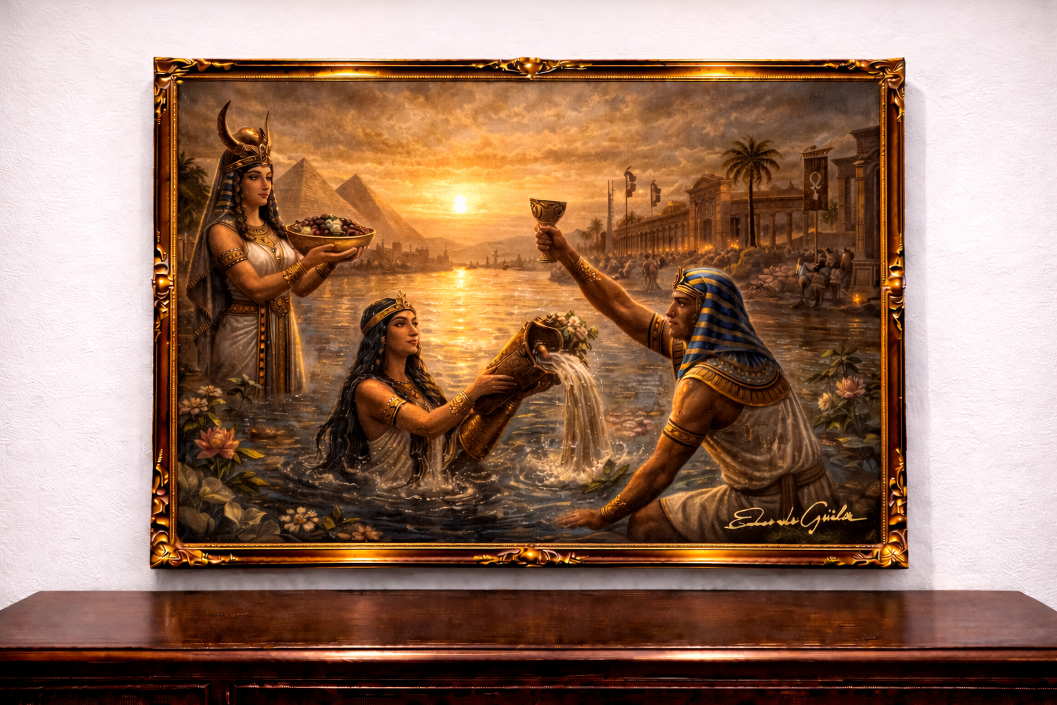 Ancient Egyptian river ceremony at sunset