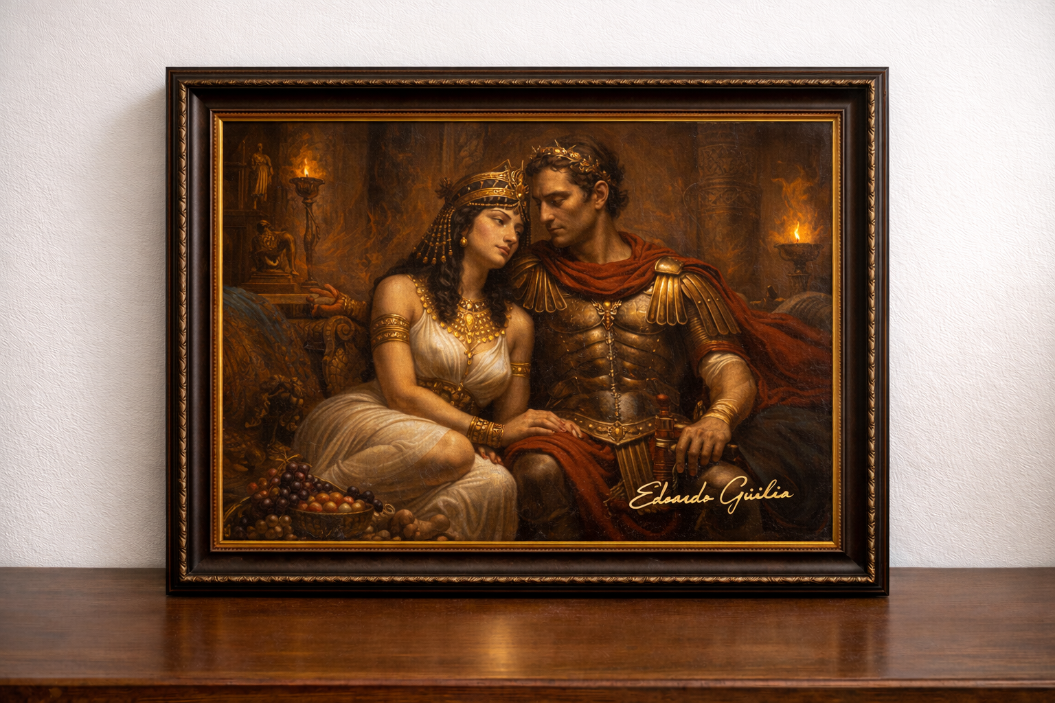 Cleopatra and Caesar in golden embrace